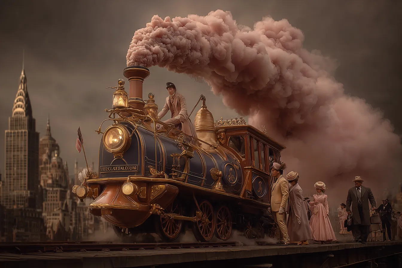 A gilded locomotive trailing pink smoke past a deco skyline