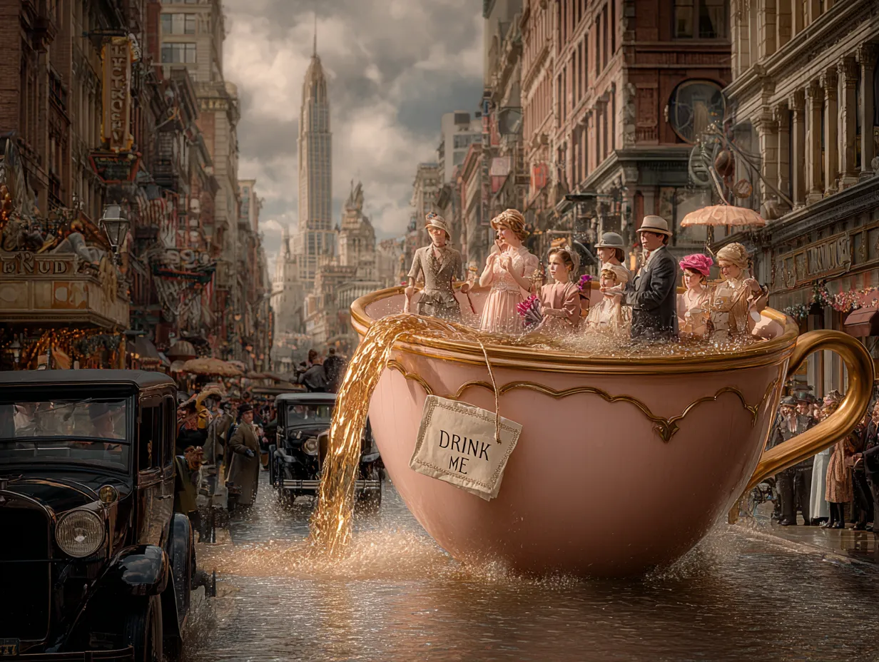 A giant DRINK ME teacup pouring gold tea into a crowded 1920s street