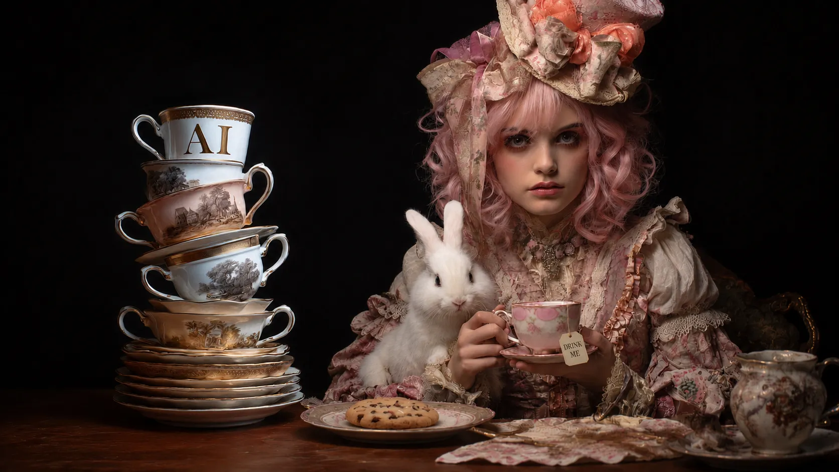 A pink-haired girl in Victorian lace with a white rabbit beside a tower of teacups