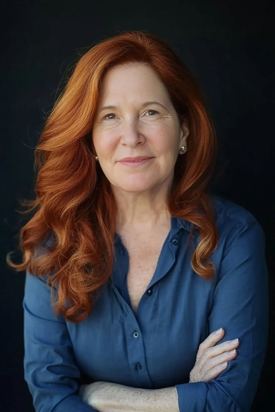 Andrea Rona with long red hair, arms crossed, against a dark backdrop