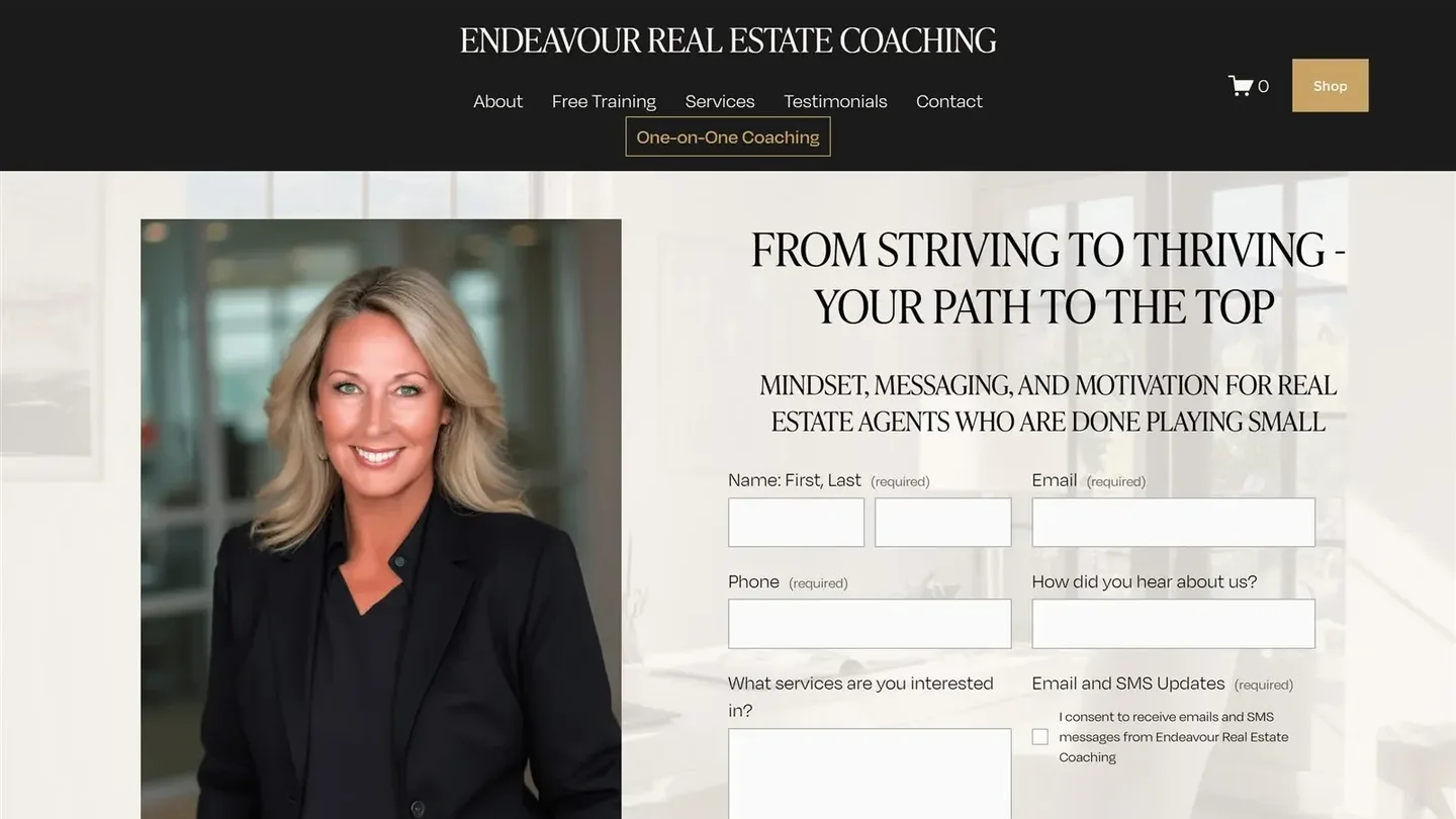 Before: Endeavour Real Estate Coaching's earlier homepage, with the headline From Striving to Thriving, Your Path to the Top, beside a contact form