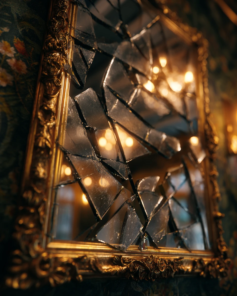 A fractured mirror created as a visual metaphor for loss of self
