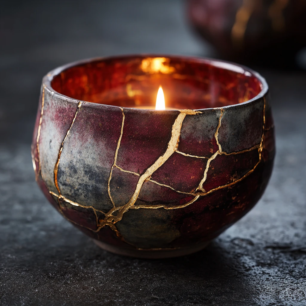 A burgundy bowl with gold seams created as a visual metaphor for healing
