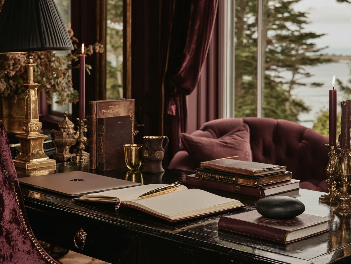 Dark wood, burgundy and candlelight in Pi’s custom AI office