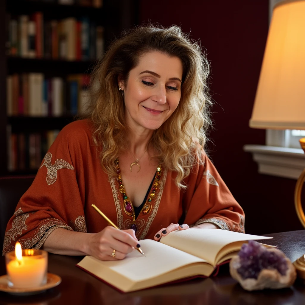 Pi writing in a burgundy office designed for her AI brand photoshoot