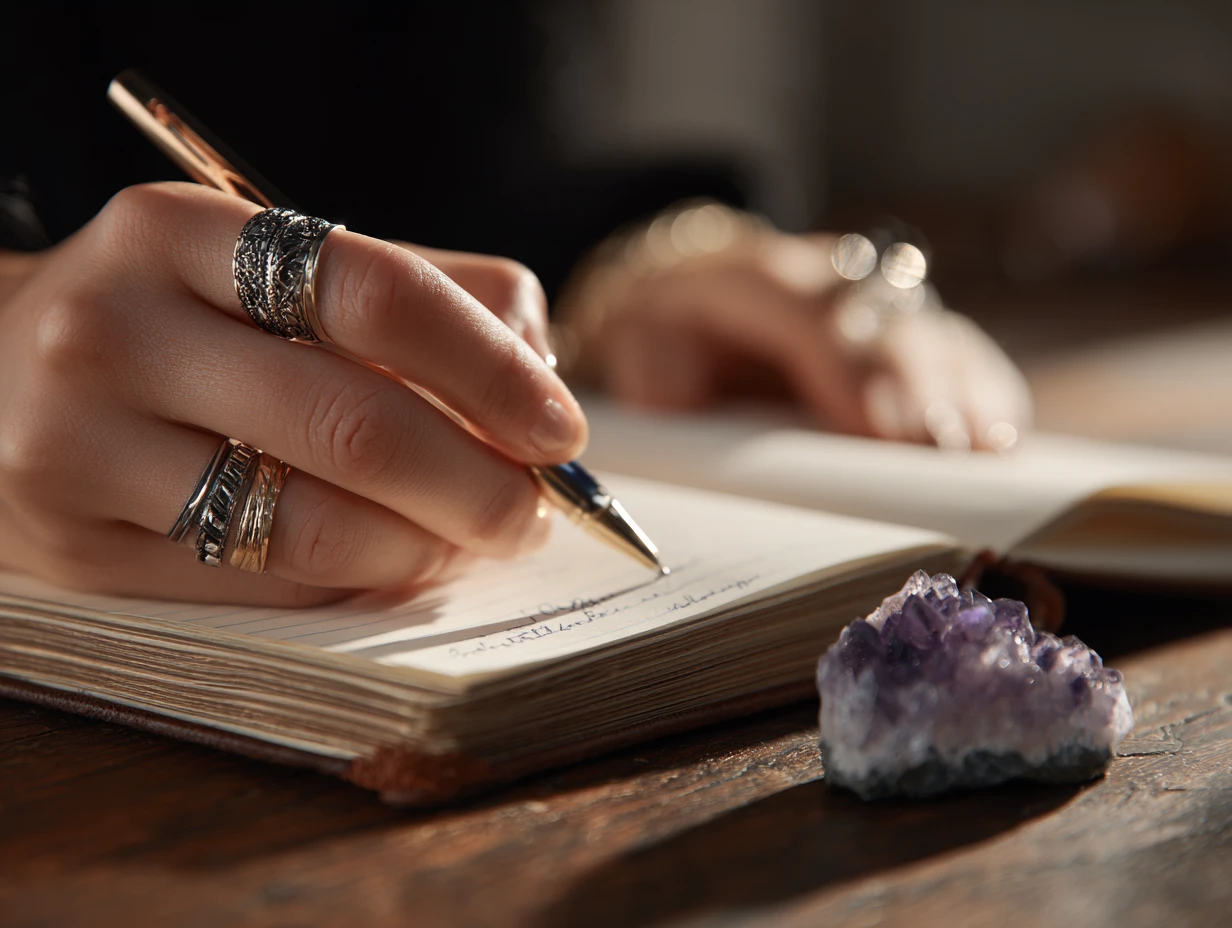 A journal, rings and amethyst in Pi’s AI writing detail