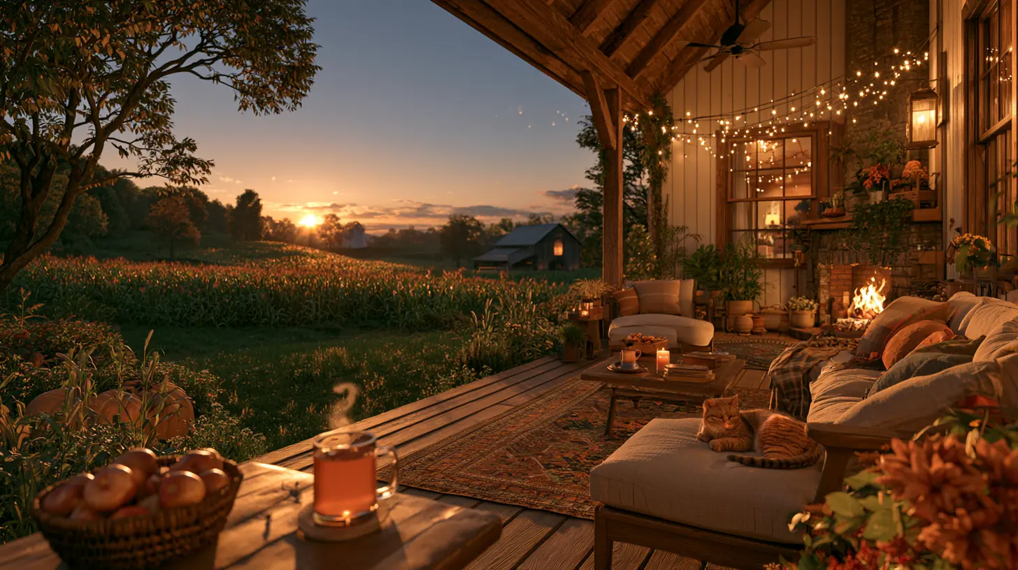 A farmhouse porch at dusk: string lights, a lit fireplace and hot tea above a cornfield at sunset