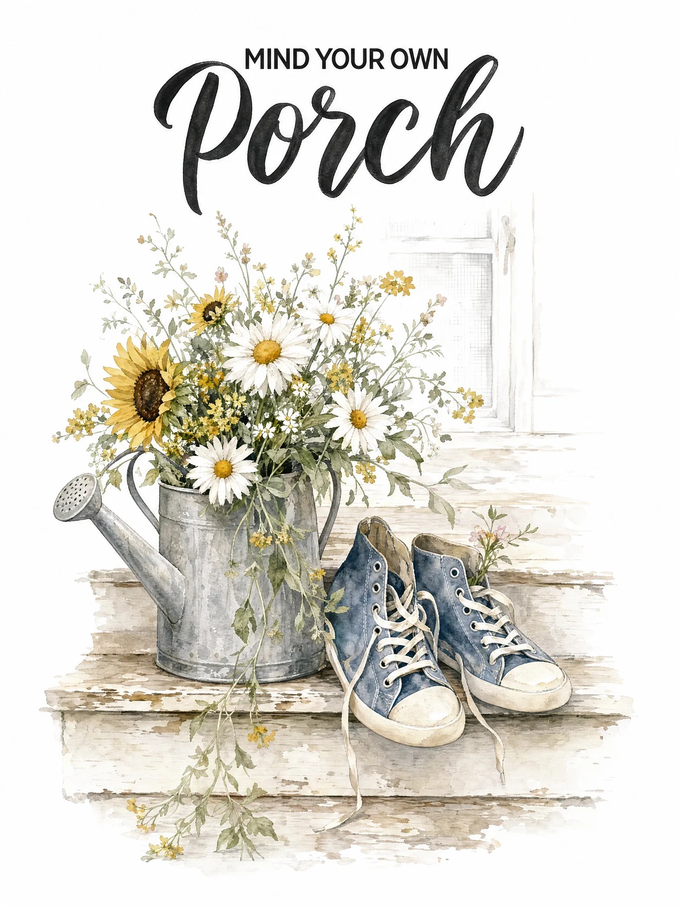 Watercolor of worn sneakers and a watering can of daisies on porch steps