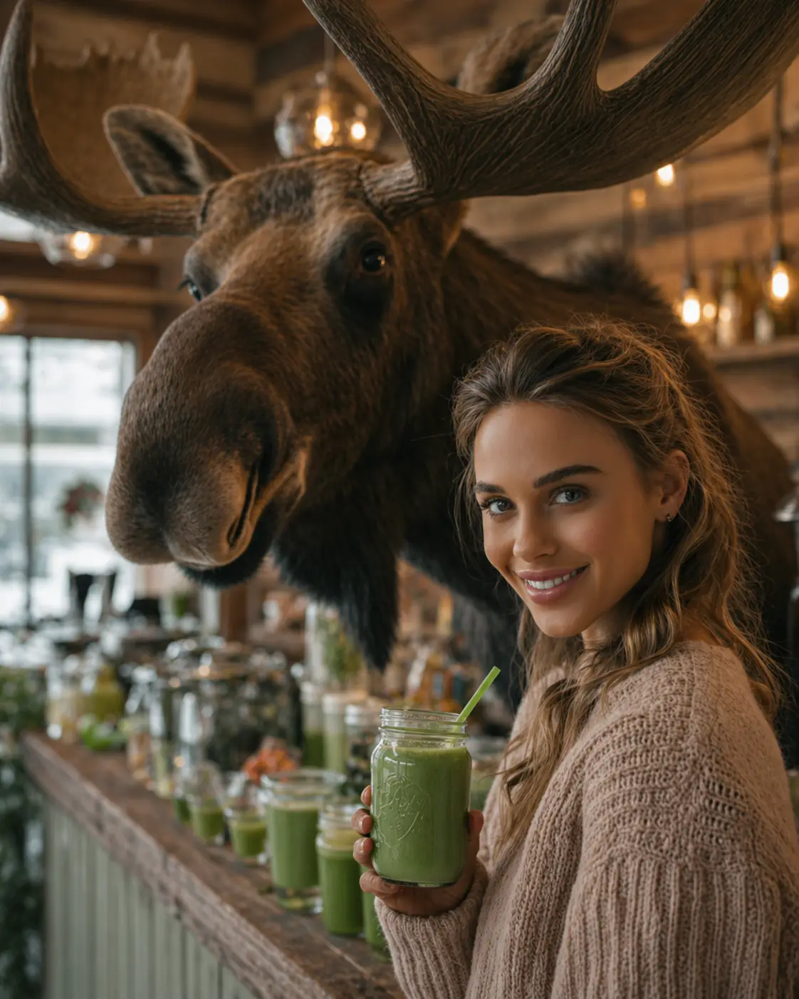 A smiling woman holding a green smoothie beside a moose at a rustic counter