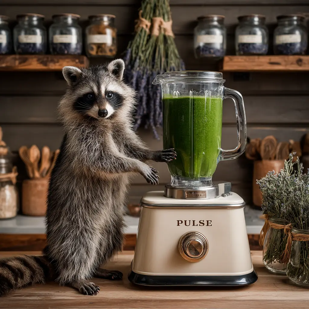 A raccoon at a vintage blender full of green smoothie