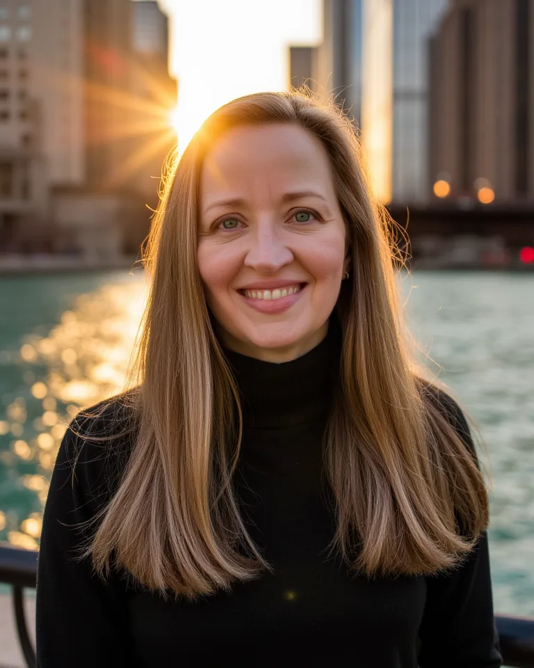 Diane Whiddon, Chicago brand strategist and website designer, by the Chicago River at sunset