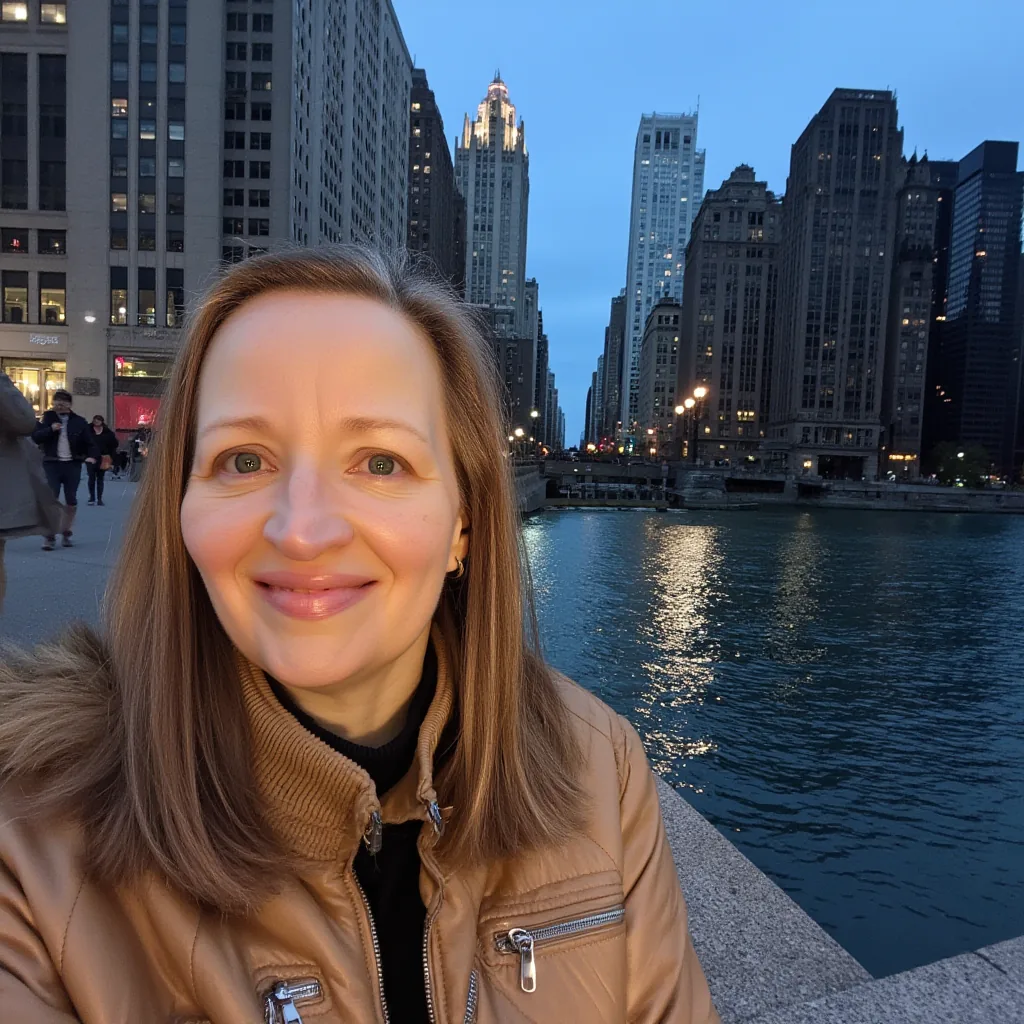 Diane Whiddon, Chicago website designer, on the Chicago Riverwalk in the evening