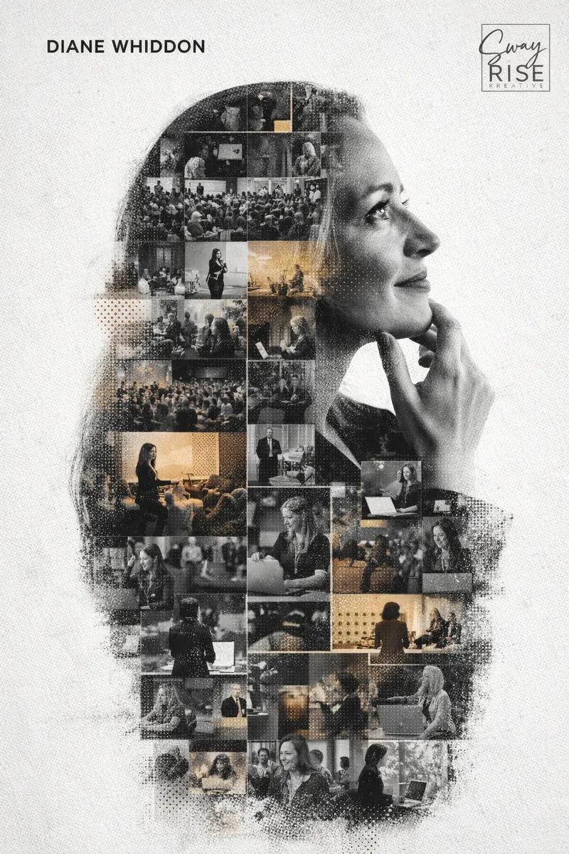 Double-exposure portrait of Diane Whiddon in profile, filled with a collage of speaking and workshop scenes