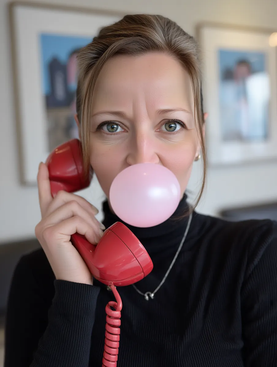 Diane Whiddon blowing a pink bubble-gum bubble while holding a red retro phone