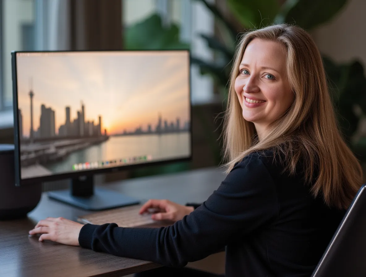 Diane Whiddon at her desktop computer, turning to smile at the camera