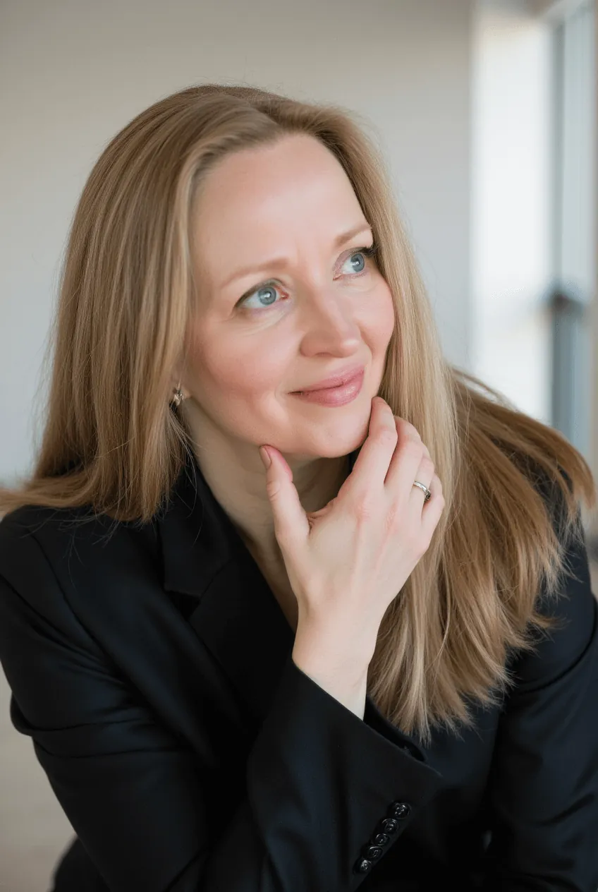 Diane Whiddon in a black blazer, looking thoughtfully out a window