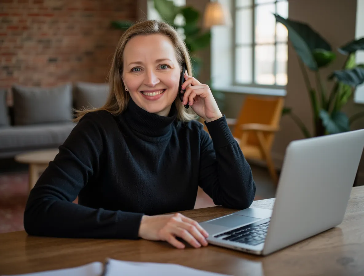 Diane Whiddon smiling on a phone call at her laptop in a brick-walled studio