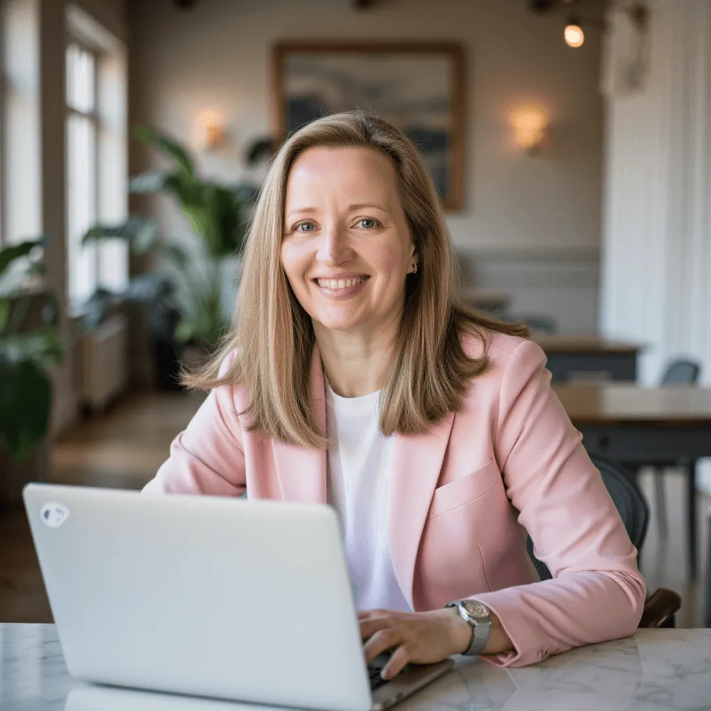 Diane Whiddon in a pink blazer smiling at her laptop