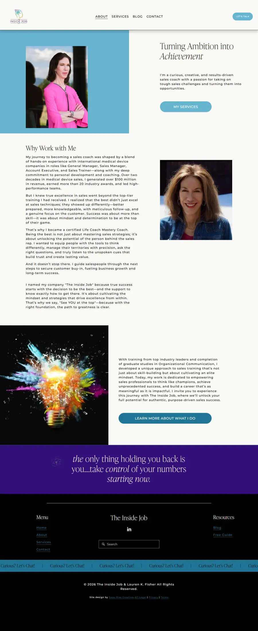 The Inside Job, the About · The story behind her method page, full layout