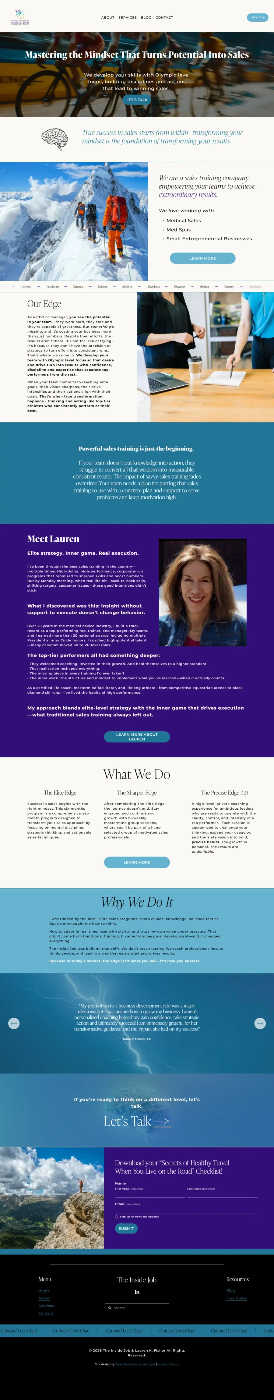 The Inside Job, the Homepage · Her record and her edge page, full layout