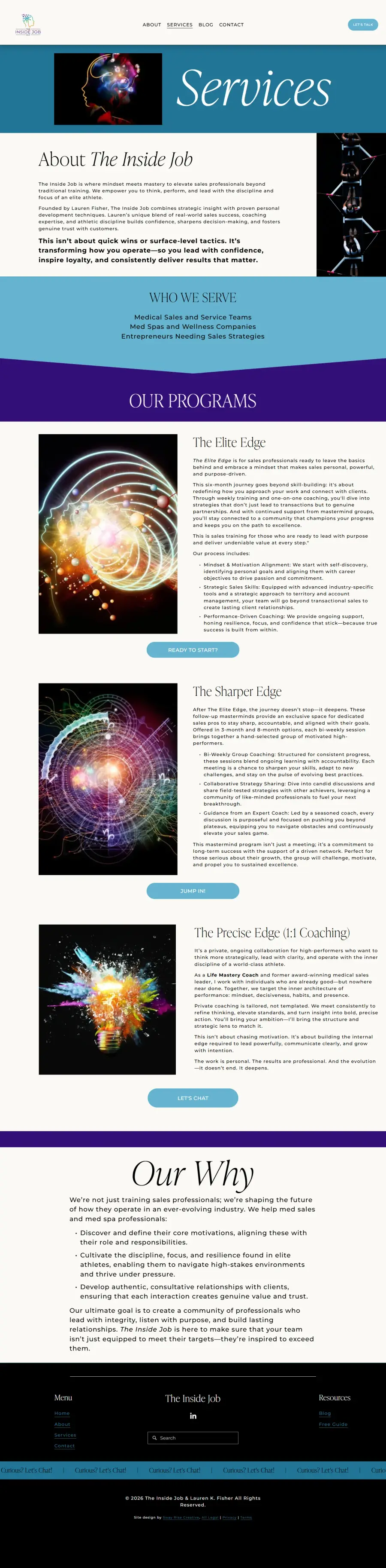 The Inside Job, the Services · Three programs, one progression page, full layout