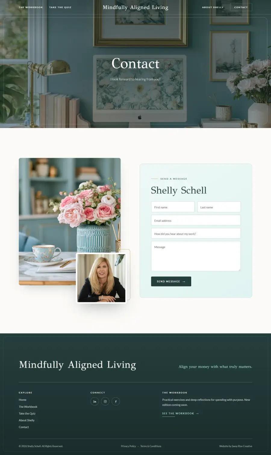 Mindfully Aligned Living, the Contact · Her portrait by the form page, full layout