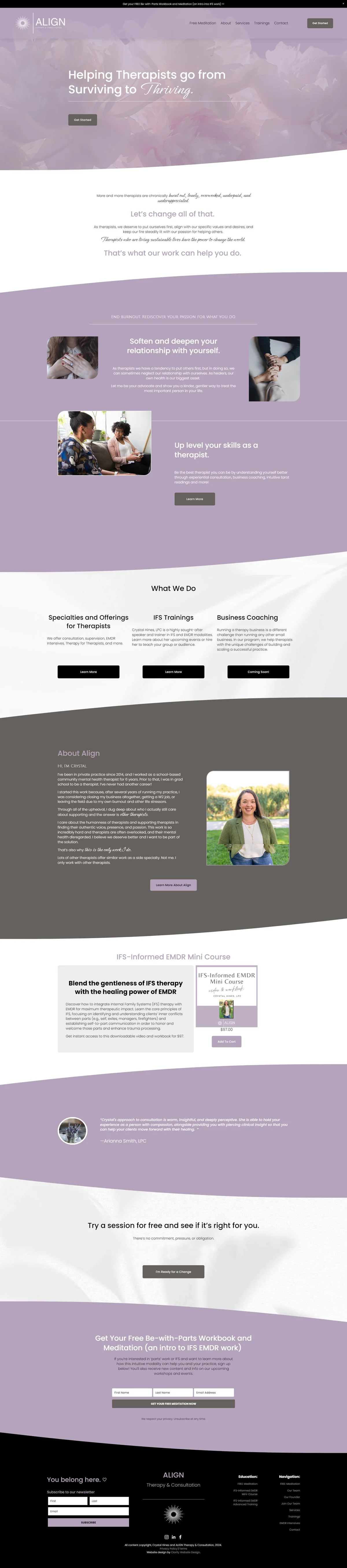 Align Therapy and Consultation, 2024 homepage · A practice built around supporting therapists, full page