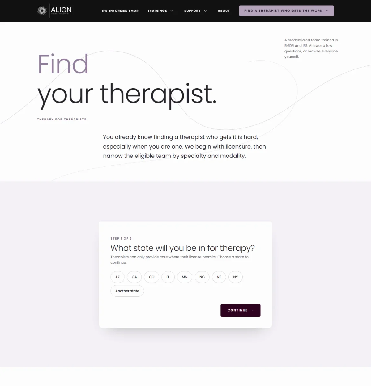 Align Therapy and Consultation, the Therapist finder · Start with licensure page, full layout