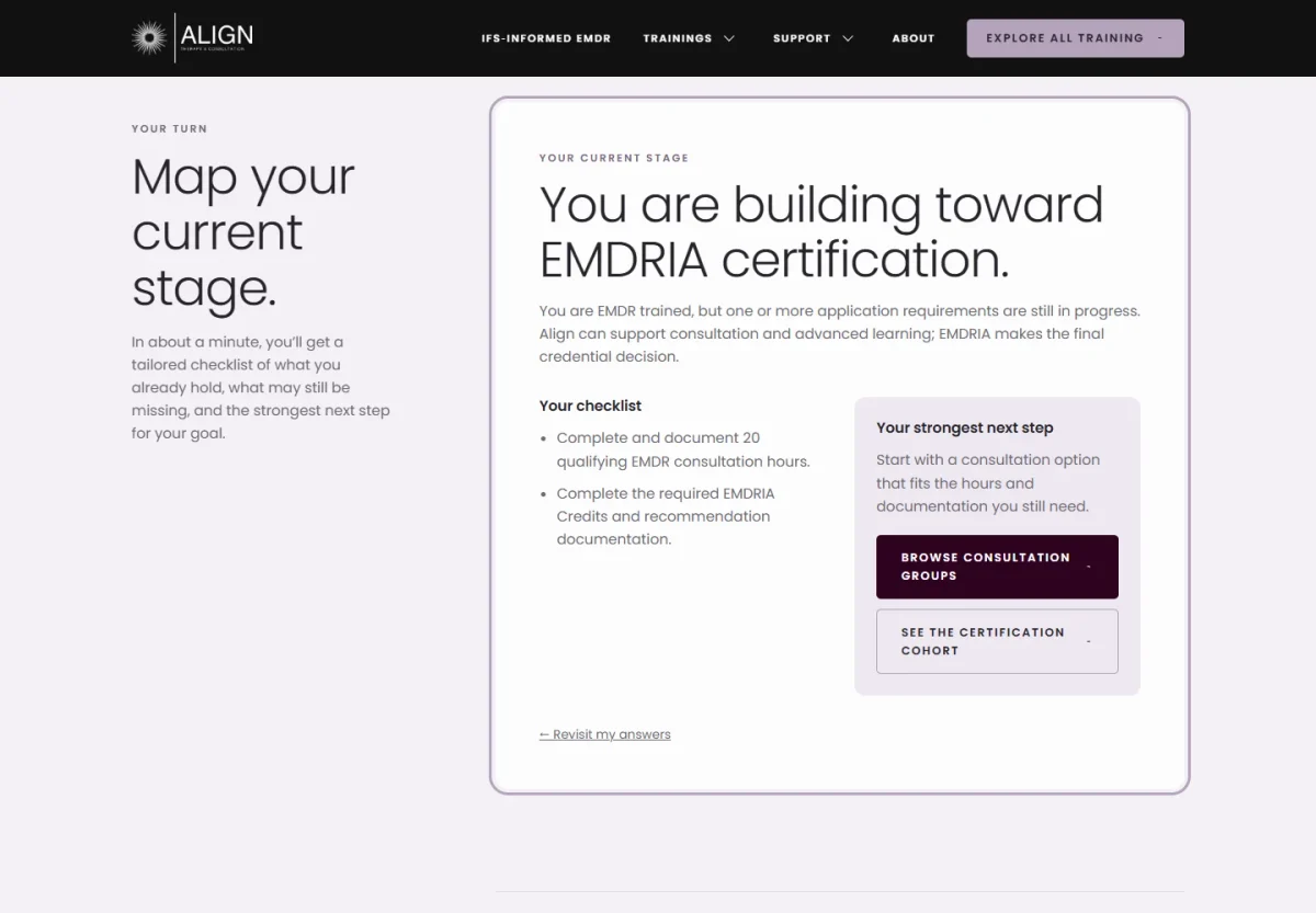 Align Therapy and Consultation, the Training planner · A tailored next step page, full layout