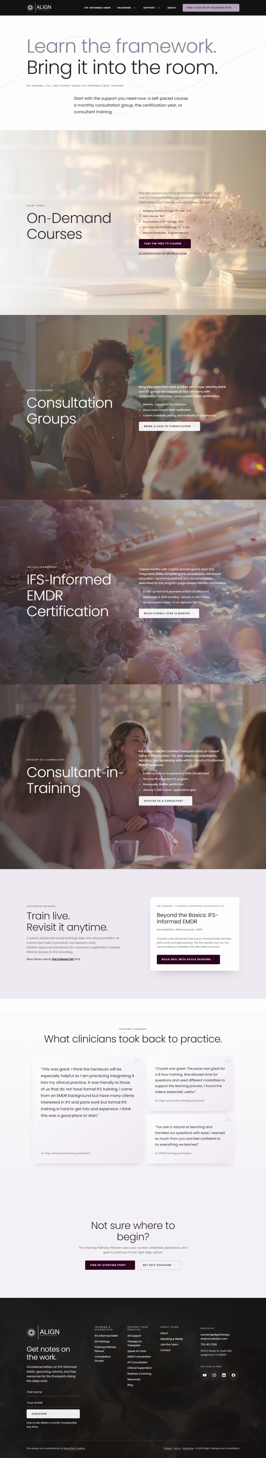 Align Therapy and Consultation, the Her teaching · A full professional training path page, full layout