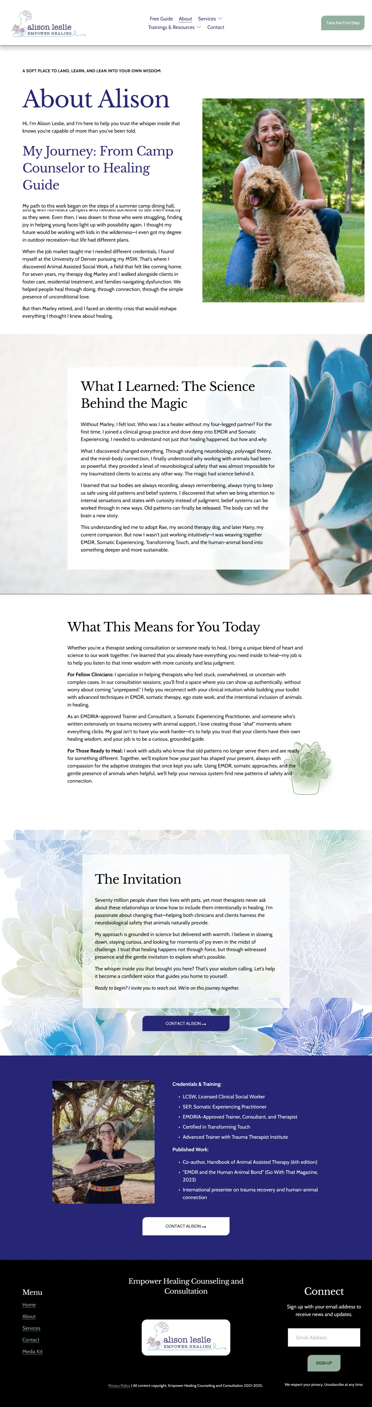Empower Healing, the About Alison · The experience behind her approach page, full layout