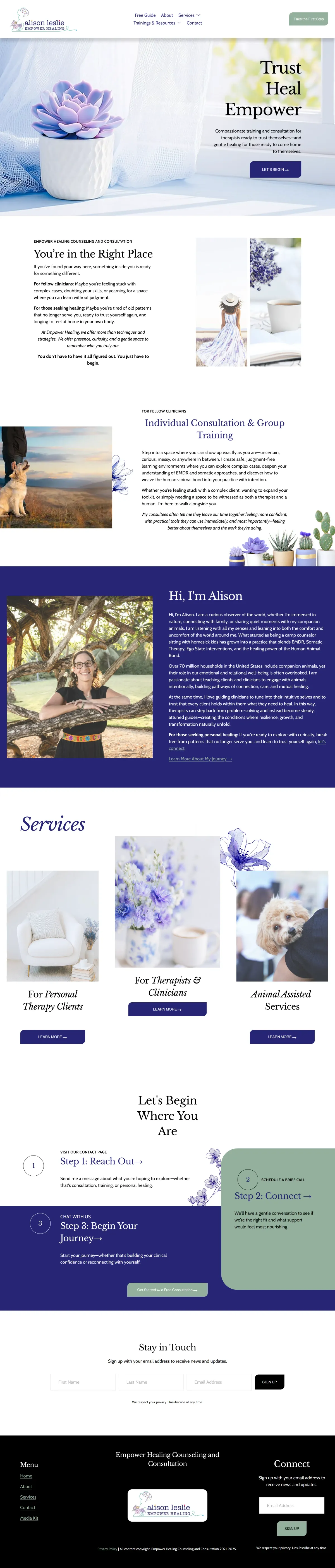 Empower Healing, the Homepage · Her teaching and clinical expertise lead page, full layout