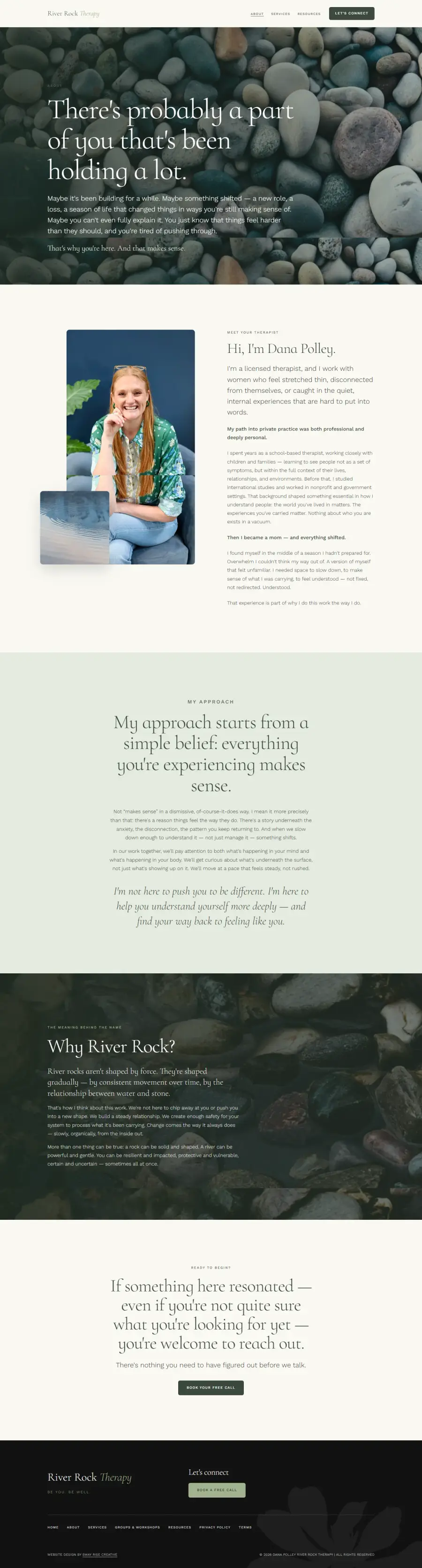 River Rock Therapy, the About · Dana's path and approach page, full layout