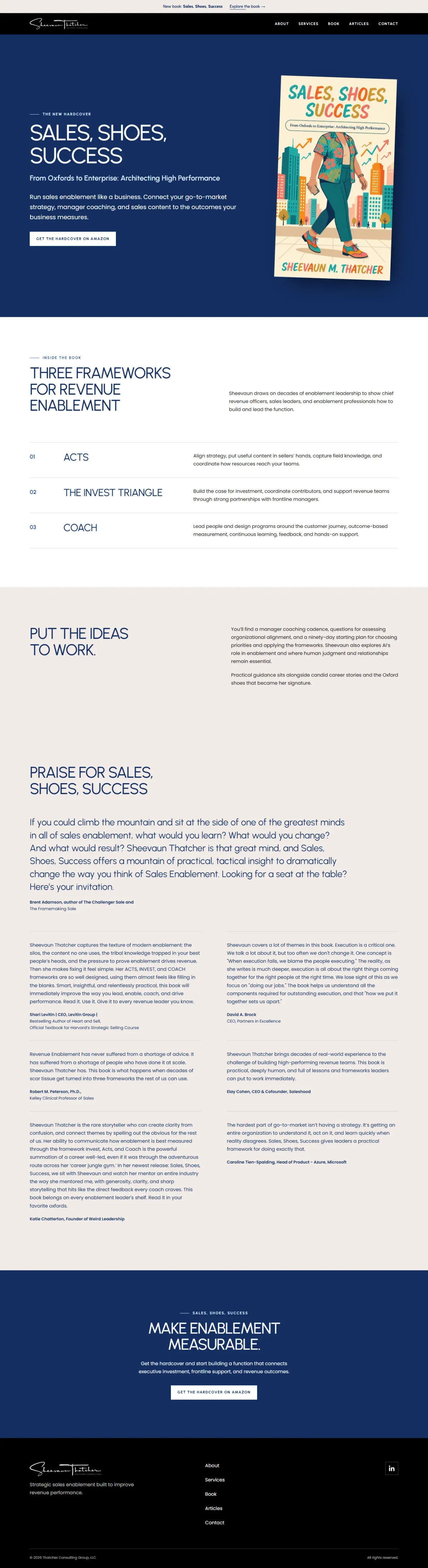 Sheevaun Thatcher, the Book page · Frameworks, endorsements, and the path to Amazon page, full layout