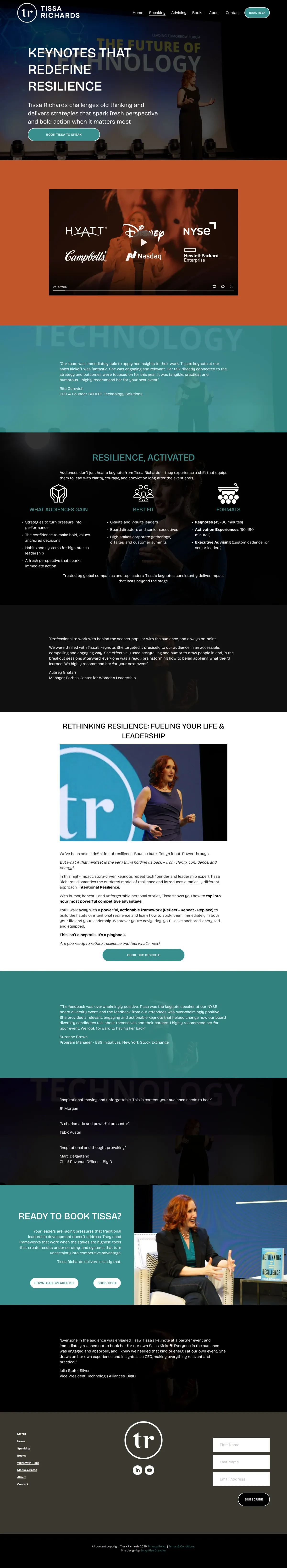 Tissa Richards, the Speaking · Her ideas in front of an audience page, full layout