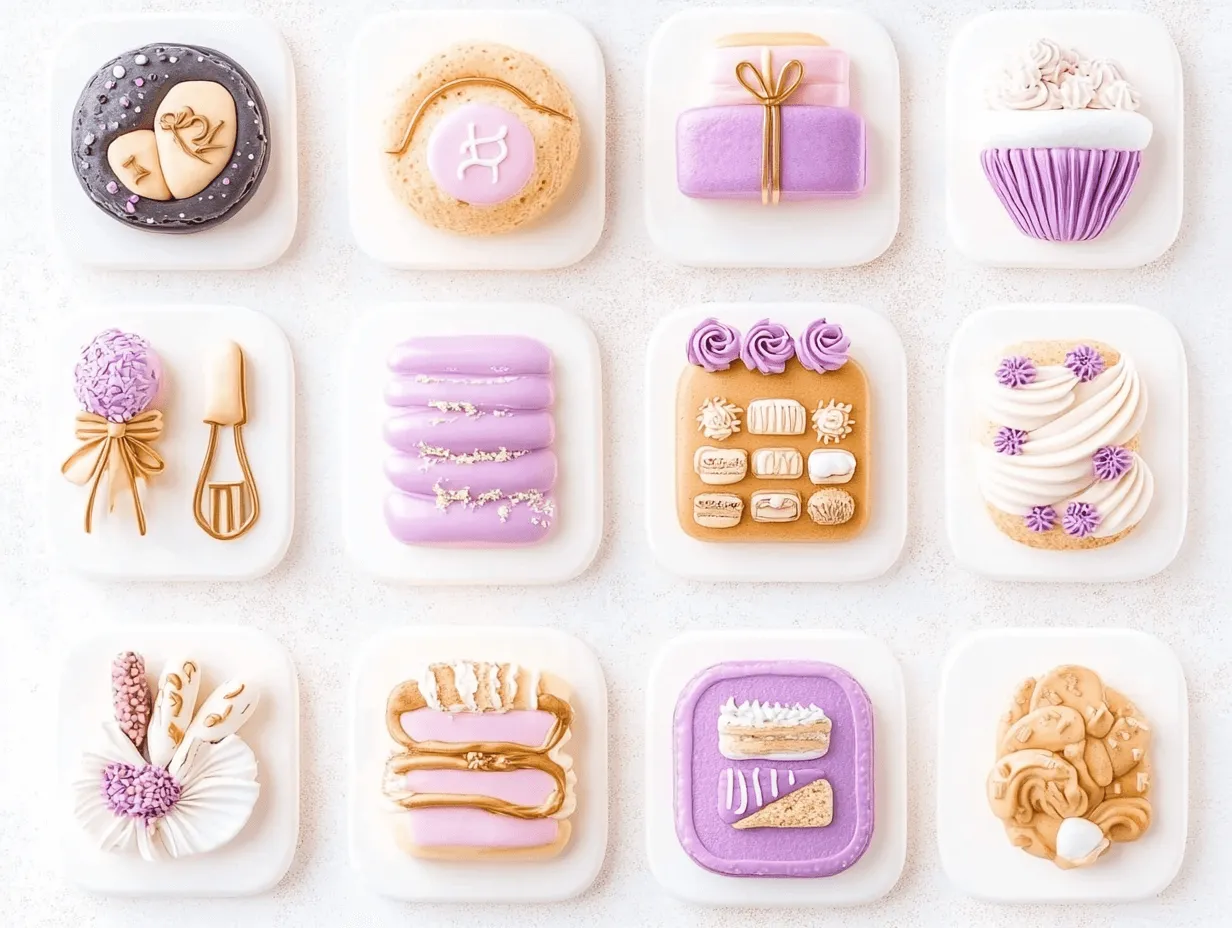 Website icons piped in lavender and gold icing on square cookies