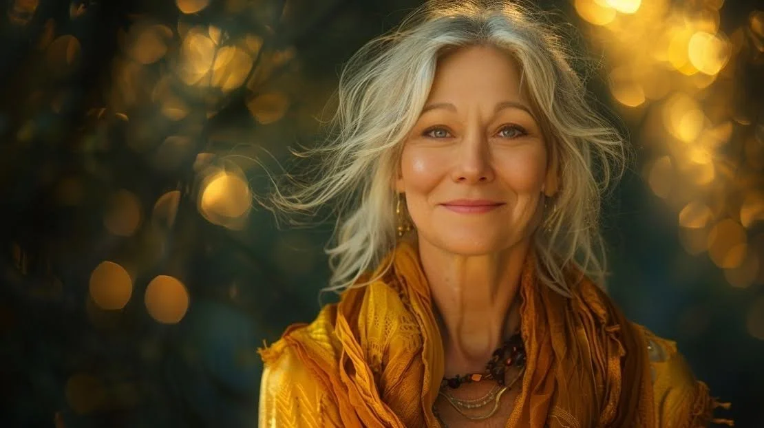 Kathy Basel in a gold scarf against glowing golden bokeh