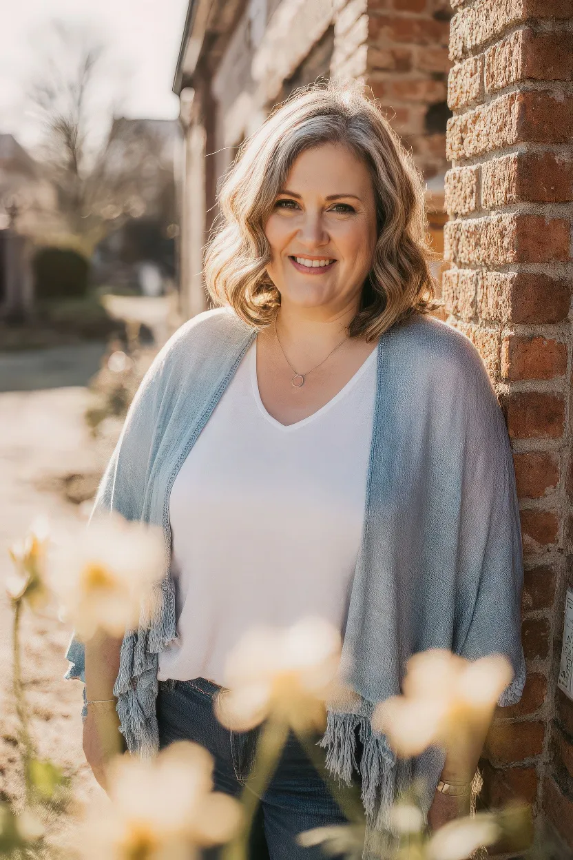 Lane Rebelo with silver hair leaning on a brick wall among spring flowers
