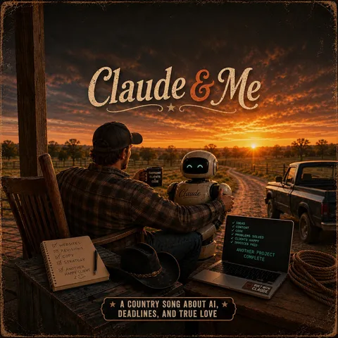Claude and Me album cover: a designer and a robot watching the sunset