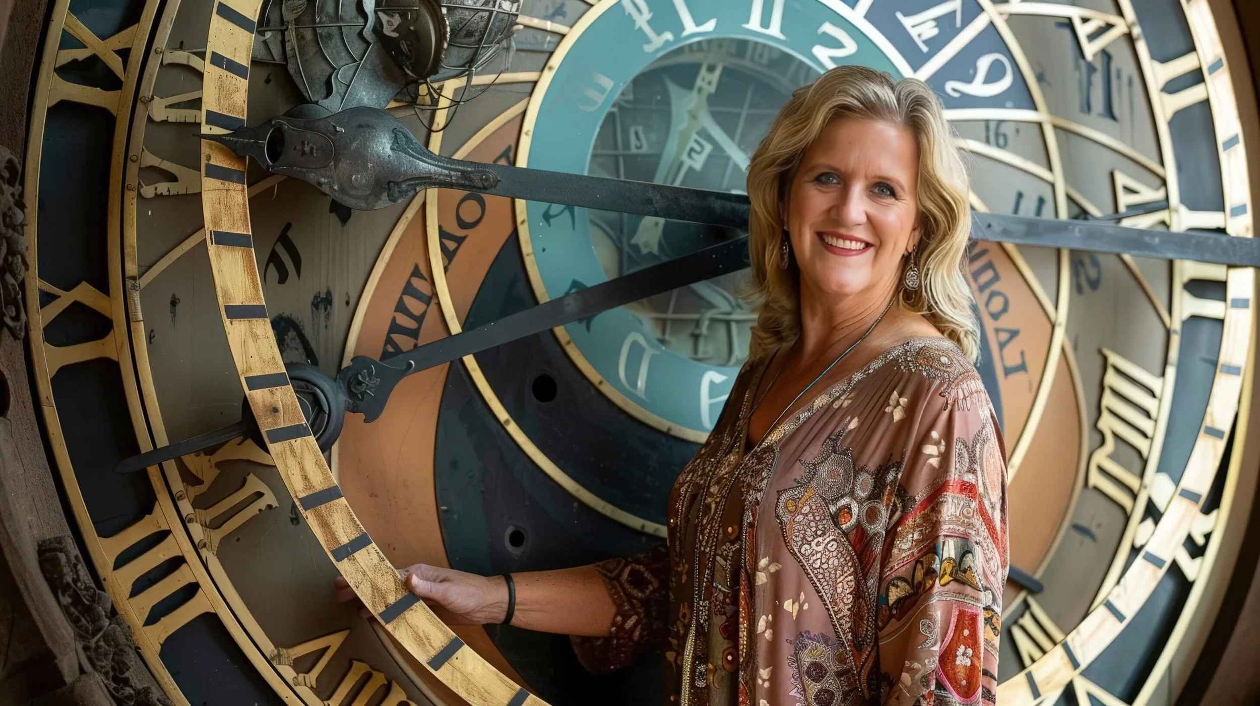 Melanie Weller with her hand on a monumental astronomical clock