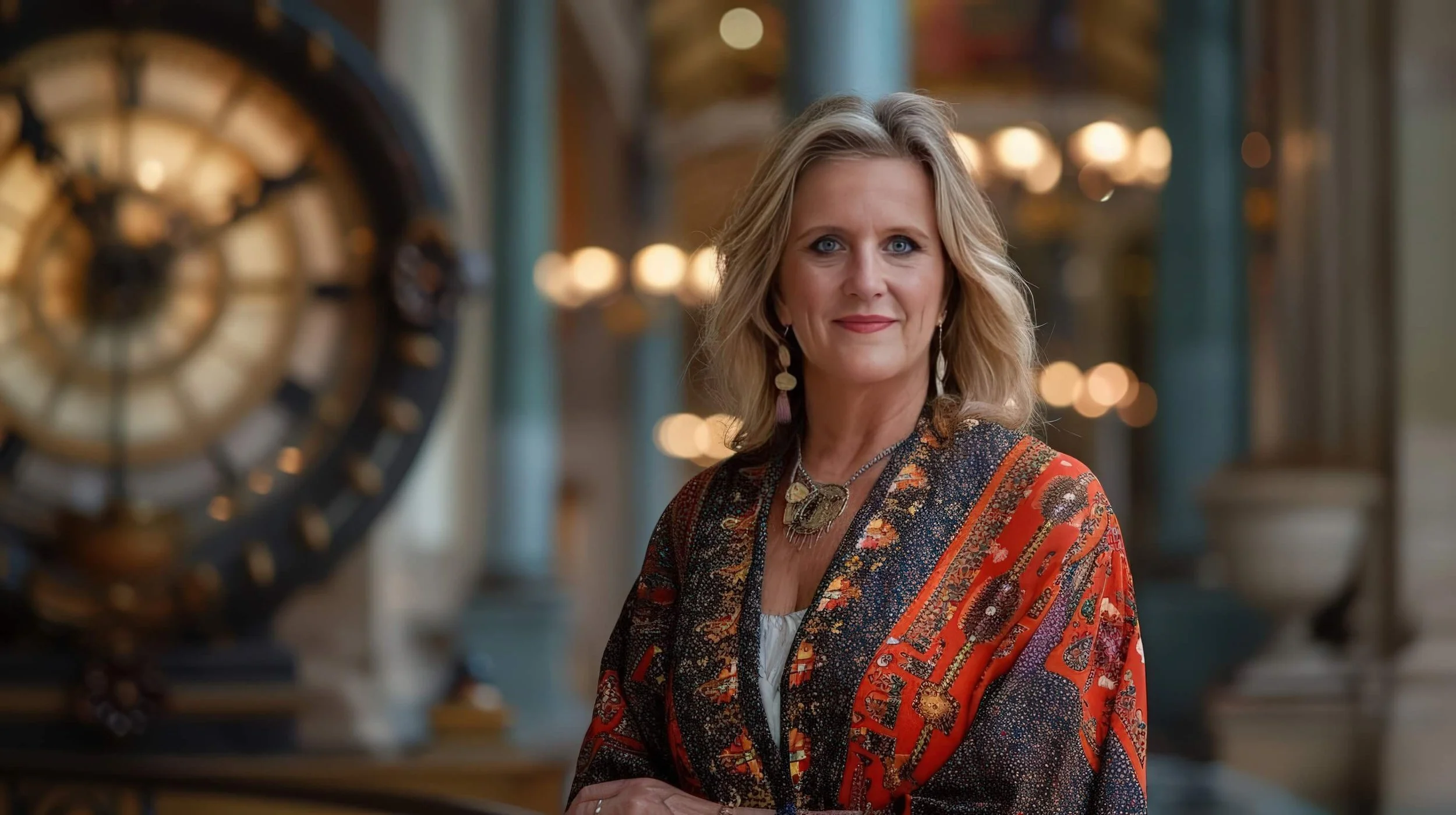 A grand hall with the clock glowing behind Melanie Weller
