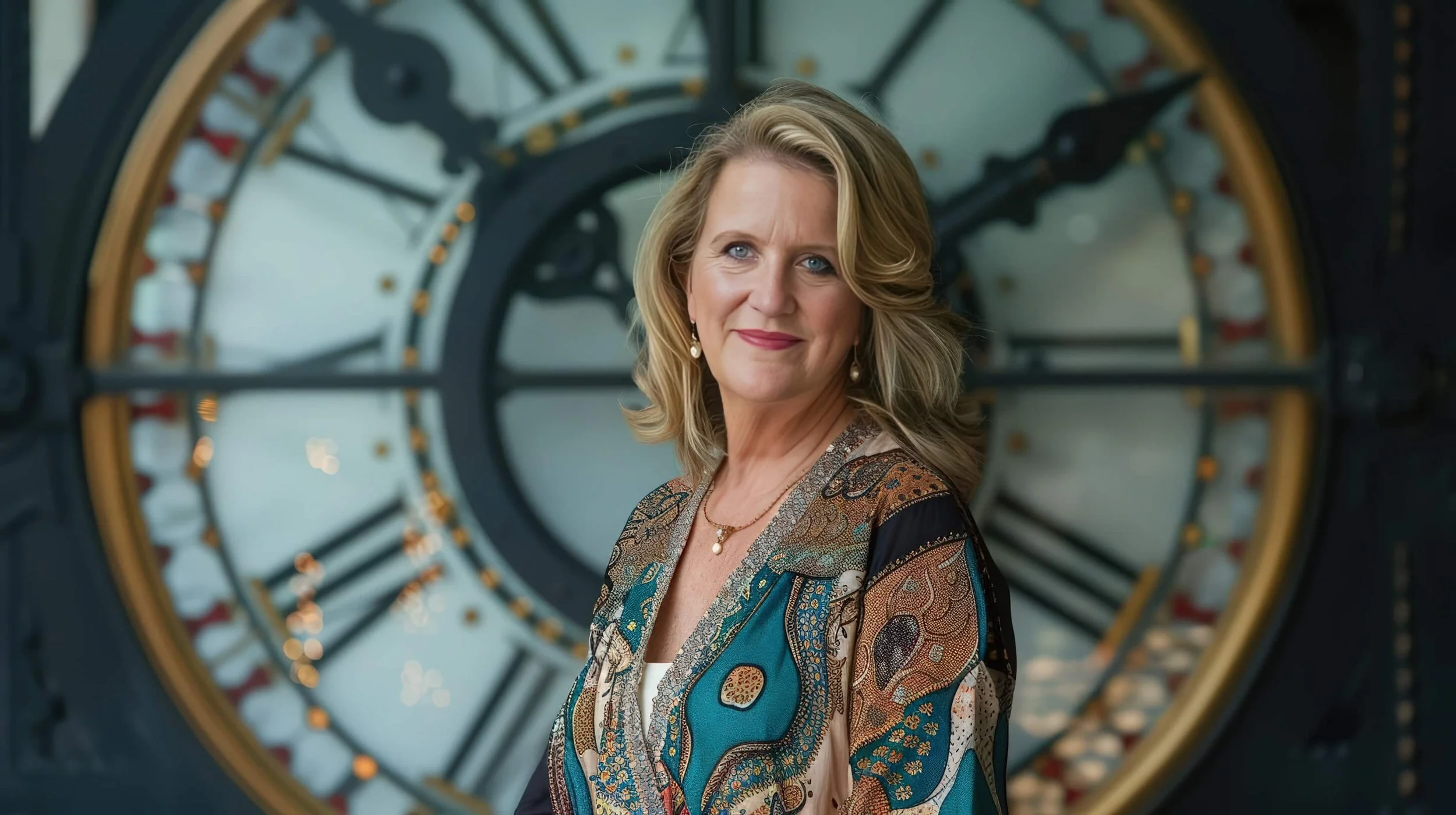 Melanie Weller standing before a monumental clock face