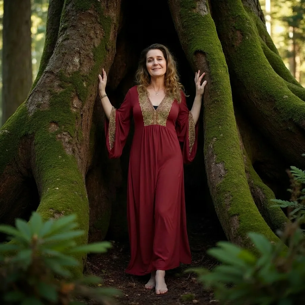 Pi Winslow in a red gown standing inside a giant moss-covered tree