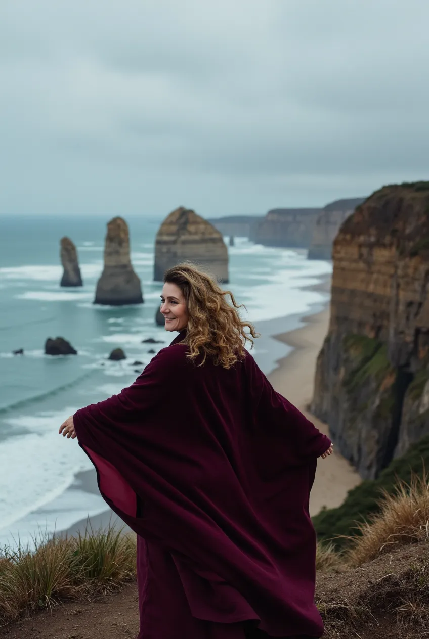 Pi Winslow in a burgundy cape on a cliff above sea stacks