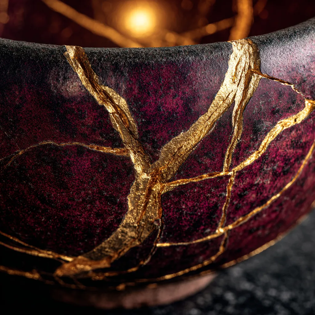 A burgundy bowl repaired with gold kintsugi seams