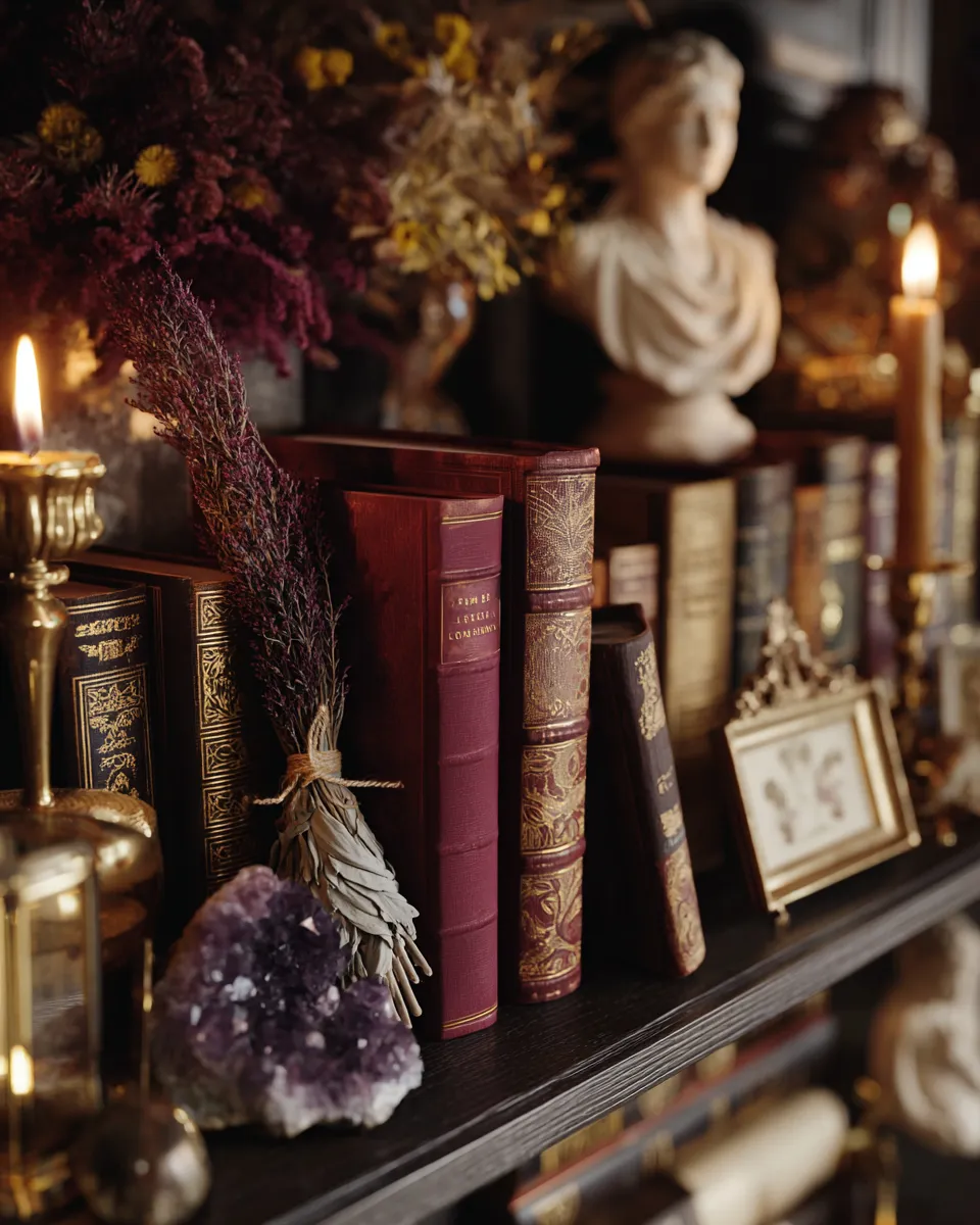 A candlelit shelf of books, amethyst and a marble bust