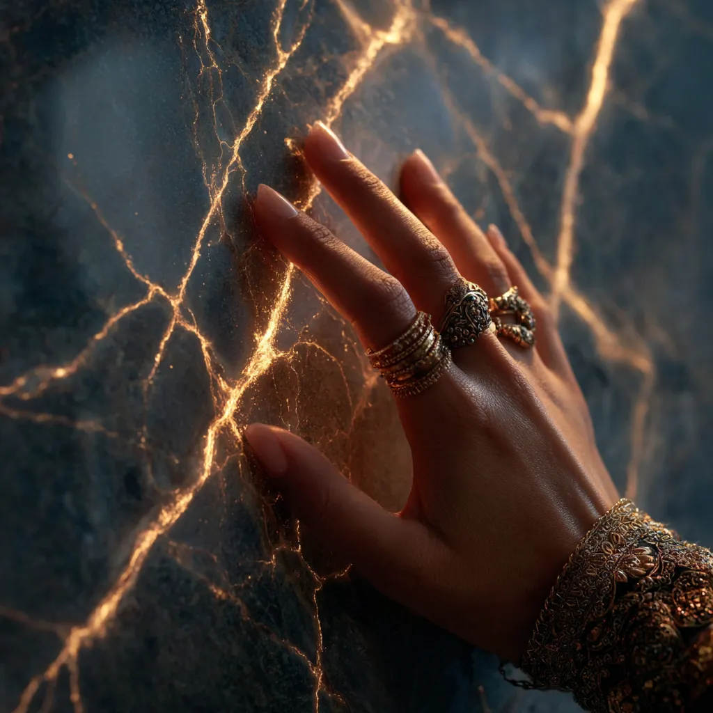 A hand wearing gold rings pressed to dark stone veined with glowing gold