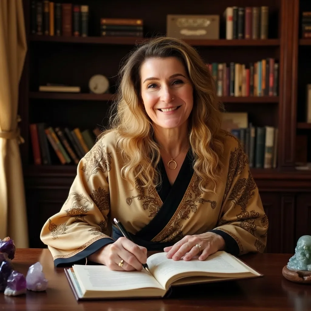 Pi Winslow writing in a journal in a library