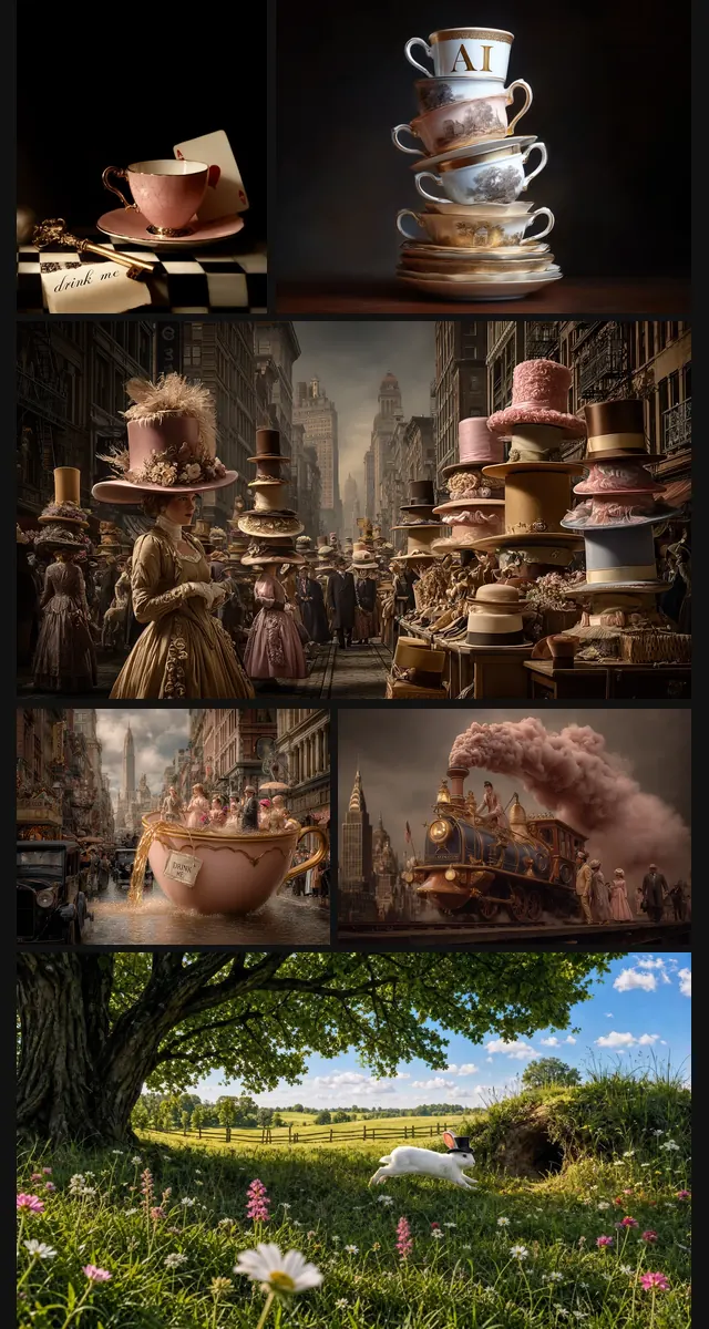 AI Designers Academy images: stacked teacups, a parade of hats, a teacup boat and a rabbit in a meadow