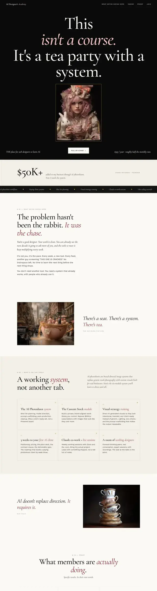The AI Designers Academy sales page, illustrated as a tea party down the rabbit hole